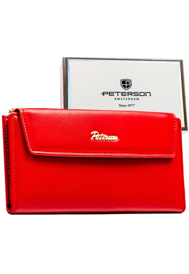Czerwony portfel damski ze skóry ekologicznej zamykany zatrzaskiem - Peterson. Kolor: czerwony. Materiał: skóra ekologiczna