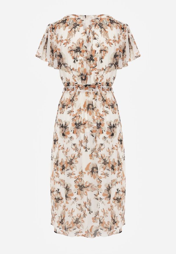 Born2be - Beżowo-Pomarańczowa Kopertowa Sukienka w Kwiaty z Wiązanym Paskiem i Brokatem Hilingea. Okazja: do pracy, na co dzień, na imprezę. Kolor: pomarańczowy. Wzór: kwiaty. Typ sukienki: kopertowe. Styl: elegancki, casual. Długość: midi