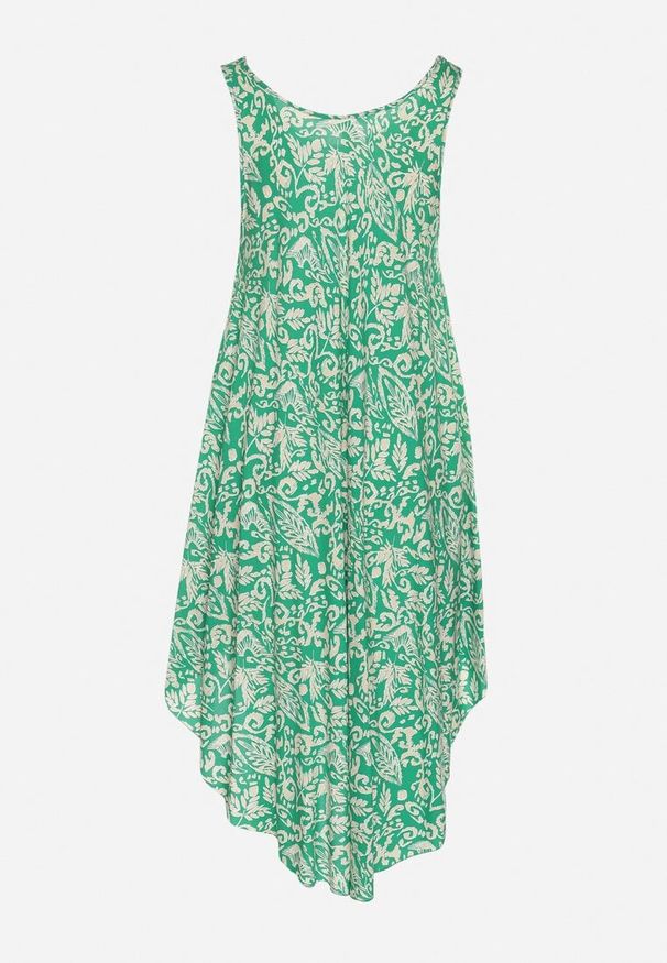 Born2be - Zielona Asymetryczna Sukienka Bawełniana w Ornamentalny Wzór Natialira. Okazja: na co dzień. Kolor: zielony. Materiał: bawełna. Typ sukienki: asymetryczne. Styl: casual, elegancki