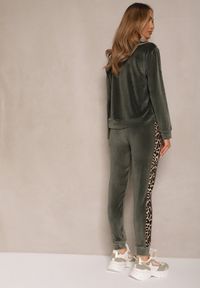 Renee - Zielony Welurowy Komplet Dresowy Bluza i Joggery z Wzorem w Panterkę Xorienta. Kolor: zielony. Materiał: dresówka, welur. Wzór: motyw zwierzęcy #4