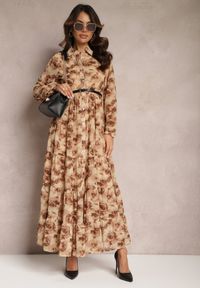 Renee - Beżowa Rozkloszowana Sukienka Koszulowa Maxi w Kwiaty Nersa. Kolor: beżowy. Wzór: kwiaty. Typ sukienki: koszulowe. Długość: maxi