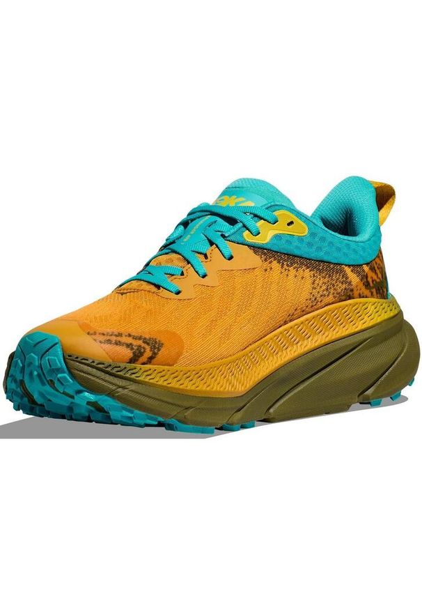 HOKA - Buty do biegania po asfalcie M'S Challenger Atr 7 Gtx - pomarańczowe. Kolor: żółty, pomarańczowy, wielokolorowy, niebieski. Materiał: skóra. Szerokość cholewki: normalna. Technologia: Gore-Tex