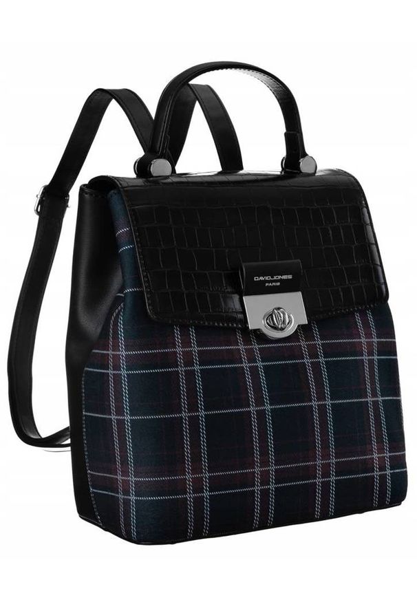 DAVID JONES - Elegancki plecak w kratkę David Jones [DH] 6630-2 BLACK czarny. Kolor: czarny. Materiał: materiał, skóra ekologiczna. Wzór: kratka. Styl: elegancki
