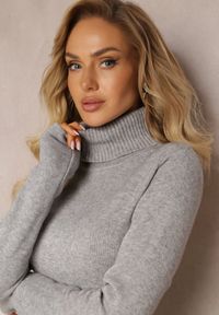Renee - Jasnoszara Klasyczna Basic Sukienka Midi Sweterkowa z Golfem Abele. Typ kołnierza: golf. Kolor: szary. Typ sukienki: proste. Styl: klasyczny. Długość: midi #4