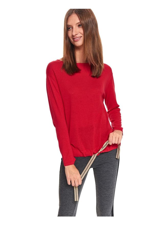 TOP SECRET - Sweter z wiązaniem u dołu. Okazja: do pracy, na co dzień. Kolor: czerwony. Materiał: materiał. Długość rękawa: długi rękaw. Długość: długie. Sezon: zima. Styl: casual
