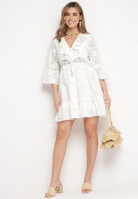 Born2be - Biała Bawełniana Sukienka Mini z Haftowanej Tkaniny z Koronką Telvia. Kolor: biały. Materiał: tkanina, bawełna, koronka. Wzór: haft, koronka. Długość: mini #5