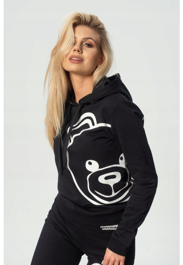 MOSCHINO Czarna damska bluza z kapturem, Rozmiar XS. Typ kołnierza: kaptur. Kolor: czarny. Materiał: bawełna. Wzór: nadruk