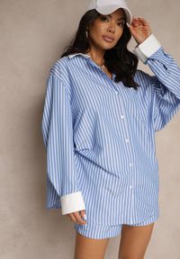 Renee - Niebieska Koszula Ozdobiona Kieszonką i Paskami Zarindia. Okazja: na co dzień. Kolor: niebieski. Materiał: jeans. Wzór: aplikacja. Styl: klasyczny, casual #3