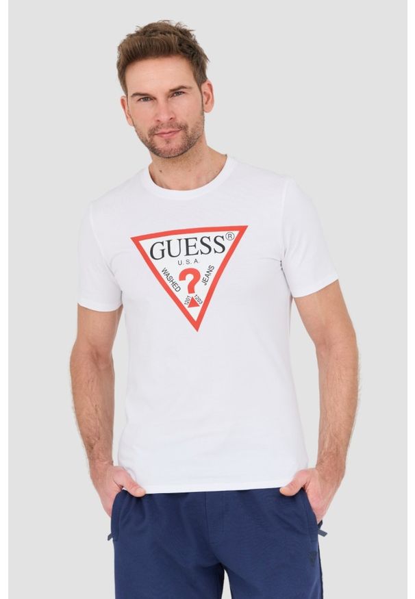 Guess - GUESS Biały męski t-shirt Original Logo Tee, Rozmiar XL. Kolor: biały