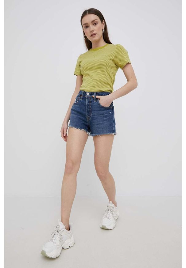 Levi's® - Levi's szorty jeansowe damskie kolor granatowy gładkie high waist. Okazja: na spotkanie biznesowe. Stan: podwyższony. Kolor: niebieski. Materiał: jeans. Wzór: gładki. Styl: biznesowy