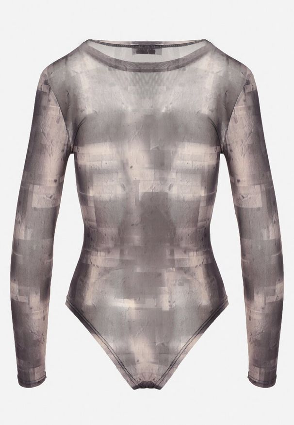 Born2be - Szare Body Siateczkowe z Delikatnym Printem Hotavia. Okazja: na co dzień. Kolor: szary. Materiał: jeans, wiskoza. Długość rękawa: długi rękaw. Długość: długie. Wzór: nadruk. Styl: elegancki, casual