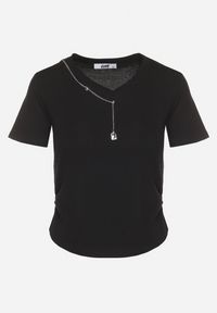Born2be - Czarny Bawełniany T-shirt Ozdobiony Marszczeniem i Łańcuszkiem Olitrea. Okazja: na co dzień. Kolor: czarny. Materiał: bawełna. Wzór: aplikacja. Styl: casual #4