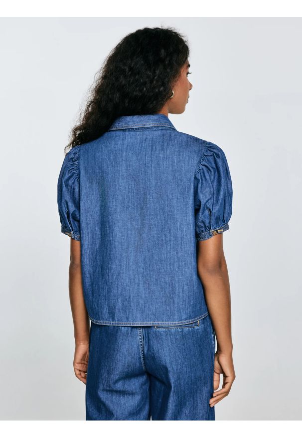 Big-Star - Bluzka damska jeansowa z ozdobnym kołnierzem niebieska Jones 416. Kolor: niebieski. Materiał: jeans. Długość: krótkie. Styl: elegancki