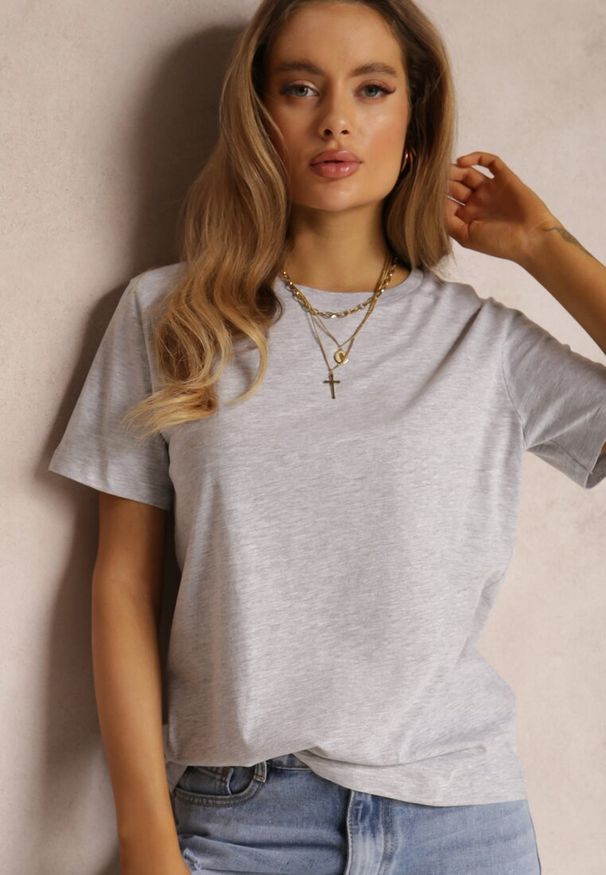 Renee - Jasnoszara T-shirt Errona. Kolor: szary. Materiał: dzianina, jeans. Długość rękawa: krótki rękaw. Długość: krótkie