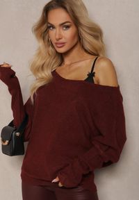 Renee - Bordowy Sweter z Lnem Oversize z Dekoltem w Łódkę Sassista. Okazja: na co dzień, na spotkanie biznesowe. Typ kołnierza: dekolt w łódkę. Kolor: czerwony. Materiał: len. Styl: biznesowy, klasyczny, casual #5