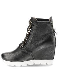 Sneakersy damskie Neścior, ze skóry licowej na koturnie i sznurowane, nikiel, 088-B. Okazja: na co dzień. Zapięcie: sznurówki. Kolor: srebrny. Materiał: skóra. Obcas: na koturnie. Styl: casual #4