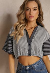 Renee - Czarna Bluzka Krótka w Stylu Retro na Guziki Ozdobiona Paskami Fito. Kolor: czarny. Długość rękawa: krótki rękaw. Długość: krótkie. Wzór: aplikacja. Styl: retro #5