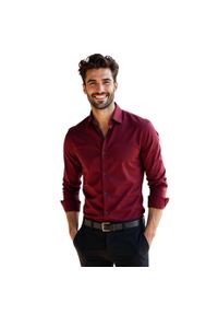 Modini - Bordowa gładka koszula z granatowymi guzikami A52. Kolor: czerwony, niebieski, wielokolorowy. Materiał: poliester, bawełna, tkanina. Długość: długie. Wzór: gładki #1