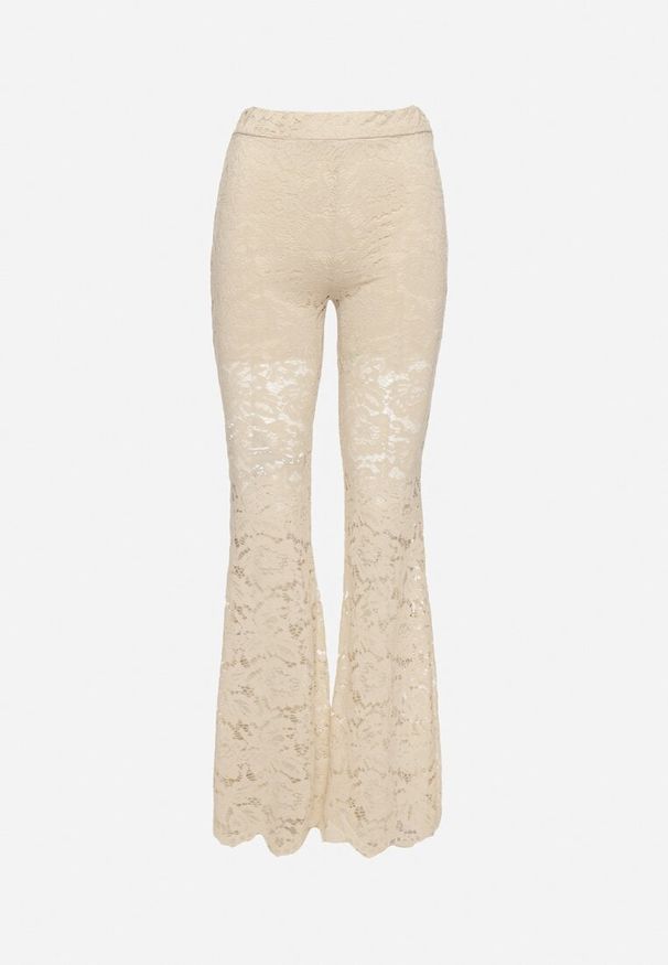 Born2be - Beżowe Spodnie Koronkowe o Fasonie Dzwonów Vortiga. Okazja: na co dzień. Kolor: beżowy. Materiał: koronka. Wzór: koronka. Styl: elegancki, casual