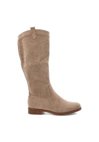 Beżowe Kozaki S.Barski Eleganckie Obuwie Damskie. Okazja: na co dzień. Kolor: beżowy. Materiał: zamsz, jeans, materiał. Wzór: ażurowy, aplikacja. Sezon: zima, jesień. Obcas: na obcasie. Styl: elegancki. Wysokość obcasa: niski #5