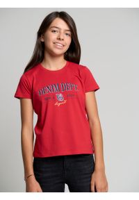 Big-Star - Koszulka dziewczęca z bawełny organicznej z nadrukiem czerwona Lulu 603. Okazja: na uczelnię. Kolor: czerwony. Materiał: bawełna. Wzór: nadruk. Styl: klasyczny, sportowy