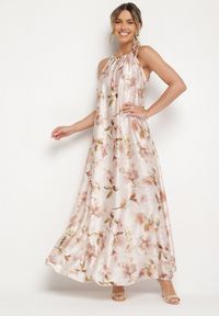 Born2be - Beżowa Satynowa Sukienka w Kwiaty Fenaresia. Okazja: na co dzień, na spacer. Kolor: beżowy. Materiał: satyna. Długość rękawa: na ramiączkach. Wzór: kwiaty. Sezon: lato. Typ sukienki: proste. Styl: casual, elegancki #1