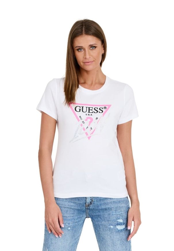 Guess - GUESS Biały damski T-shirt bawełniany Icon Tee, Rozmiar S. Kolor: biały. Materiał: bawełna