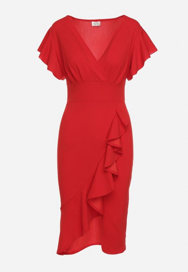 Born2be - Czerwona Dopasowana Sukienka z Kopertowym Dekoltem i Falbankami Leolani. Okazja: na co dzień. Typ kołnierza: kołnierz z falbankami. Kolor: czerwony. Materiał: jeans. Typ sukienki: kopertowe. Styl: klasyczny, casual