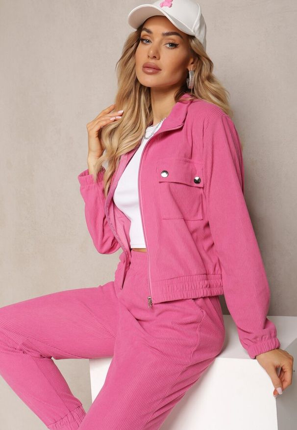 Renee - Fuksjowy Komplet Dresowy w Prążki Bluza Kurtka Rozpinana z Kołnierzykiem i Spodnie Lisulla. Kolor: różowy. Materiał: dresówka. Wzór: prążki. Sport: turystyka piesza