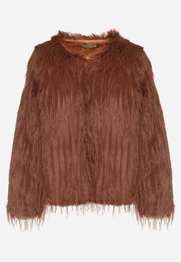 Born2be - Brązowa Kurtka Futrzana o Prostym Kroju Zapinana na Haftki Siarale. Okazja: na co dzień. Kolor: brązowy. Materiał: futro. Długość rękawa: długi rękaw. Długość: długie. Styl: casual, elegancki