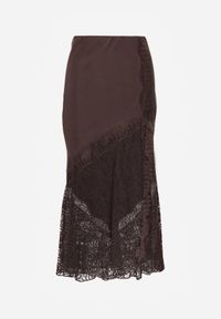 Born2be - Brązowa Spódnica z Satyny z Koronką i Rozcięciem na Nogę Doritana. Okazja: na co dzień, na spotkanie biznesowe. Kolor: brązowy. Materiał: satyna, koronka. Wzór: koronka. Styl: casual, biznesowy, elegancki #2