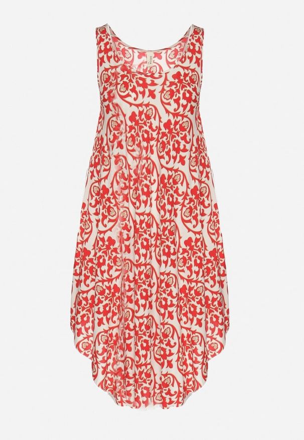 Born2be - Czerwona Bawełniana Sukienka Rozkloszowana w Abstrakcyjny Wzór Natiliana. Okazja: na co dzień. Kolor: czerwony. Materiał: bawełna. Sezon: lato. Styl: casual