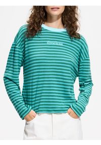 Reserved - Longsleeve w paski - turkusowy. Kolor: turkusowy. Materiał: bawełna, dzianina. Długość rękawa: długi rękaw. Wzór: paski #1