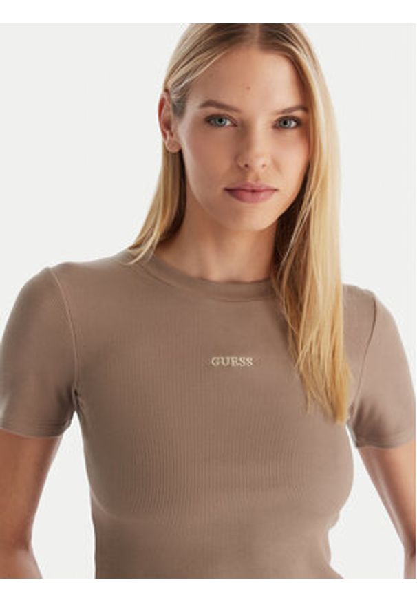Guess T-Shirt V5YP08 K8RT2 Khaki Slim Fit. Kolor: brązowy. Materiał: wiskoza