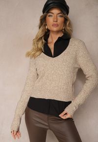 Renee - Beżowy Sweter z Ozdobnym Tłoczeniem i Trójkątnym Dekoltem Attenora. Okazja: na co dzień, na spotkanie biznesowe, do pracy. Kolor: beżowy. Materiał: jeans. Długość rękawa: długi rękaw. Długość: długie. Styl: biznesowy, elegancki, casual