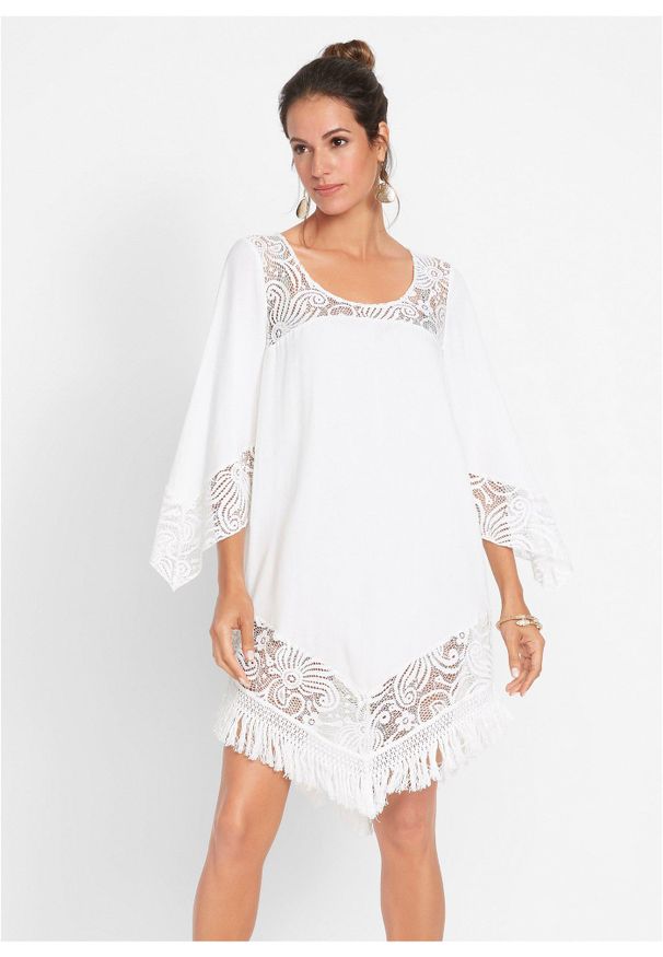 bonprix - Tunika plażowa z koronką, z wiskozy. Okazja: na plażę. Kolor: biały. Materiał: wiskoza, koronka. Wzór: koronka