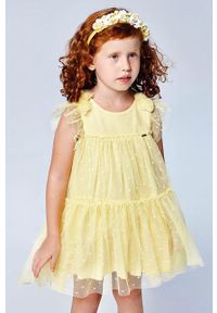 Mayoral - Sukienka dziecięca. Kolor: żółty. Materiał: bawełna, materiał, tiul, tkanina, poliester. Długość rękawa: bez rękawów. Wzór: gładki. Typ sukienki: rozkloszowane. Długość: mini #1