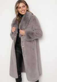 Born2be - Szary Futerkowy Płaszcz z Szerokim Kołnierzem i Mankietami z Wiązanym Paskiem Viaruna. Okazja: na co dzień, na imprezę. Kolor: szary. Materiał: dzianina. Długość rękawa: długi rękaw. Długość: długie. Styl: casual, elegancki #3