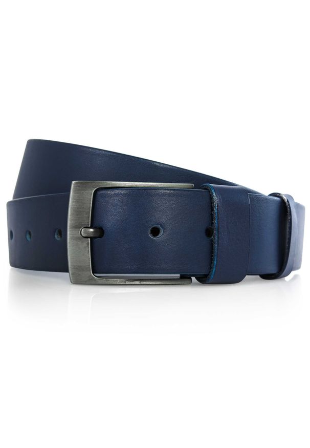 Modini - Granatowy męski pasek do jeansów KMG57. Kolor: niebieski. Materiał: jeans. Styl: klasyczny, elegancki