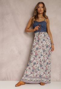 Renee - Beżowa Sukienka Tarain. Kolor: beżowy. Materiał: jeans, tkanina. Długość rękawa: na ramiączkach. Wzór: kwiaty. Sezon: lato. Styl: boho. Długość: maxi #3