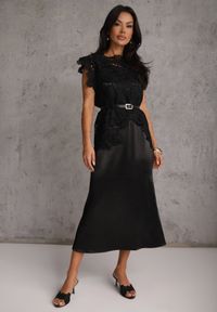 Renee - Czarny Bawełniano-Wiskozowy Komplet z Koronkową Bluzką i Satynową Sukienką Peisiete. Kolor: czarny. Materiał: satyna, bawełna, wiskoza, koronka. Wzór: koronka #1