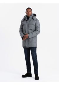 Ombre Clothing - Ciepła długa kurtka męska typu parka z wełną – szary melanż V1 - Rozmiar: M. Kolor: szary. Materiał: wełna. Długość: długie. Wzór: melanż