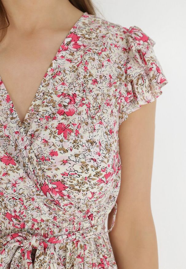 Born2be - Beżowo-Czerwona Sukienka Rhenosyne. Okazja: na co dzień. Kolor: beżowy. Materiał: materiał. Wzór: kolorowy, kwiaty. Sezon: lato. Typ sukienki: rozkloszowane, kopertowe. Styl: casual. Długość: maxi