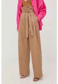 BOSS spodnie damskie kolor beżowy szerokie high waist. Stan: podwyższony. Kolor: beżowy. Materiał: tkanina