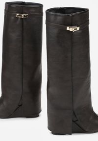 Born2be - Brązowe Kozaki na Koturnie z Wywiniętą Cholewką z Klamerką Arirass. Okazja: na co dzień, do pracy, na spotkanie biznesowe. Zapięcie: klamry. Kolor: brązowy. Materiał: jeans. Szerokość cholewki: normalna. Obcas: na koturnie. Styl: biznesowy, casual, elegancki #4