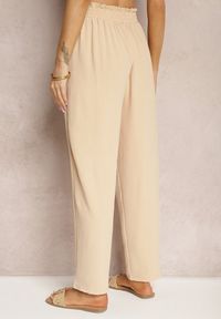 Renee - Beżowe Spodnie High Waist Wiązane w Pasie Wykończone Gumką w Talii Dimixi. Okazja: na co dzień. Stan: podwyższony. Kolor: beżowy. Styl: casual #4