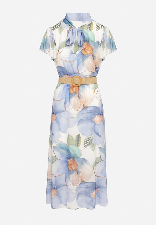 Born2be - Jasnoniebieska Sukienka o Rozkloszowanym Kroju z Wiązaniem przy Dekolcie i Paskiem Sorilina. Okazja: na co dzień. Kolor: niebieski. Długość rękawa: krótki rękaw. Wzór: kwiaty. Styl: elegancki, casual