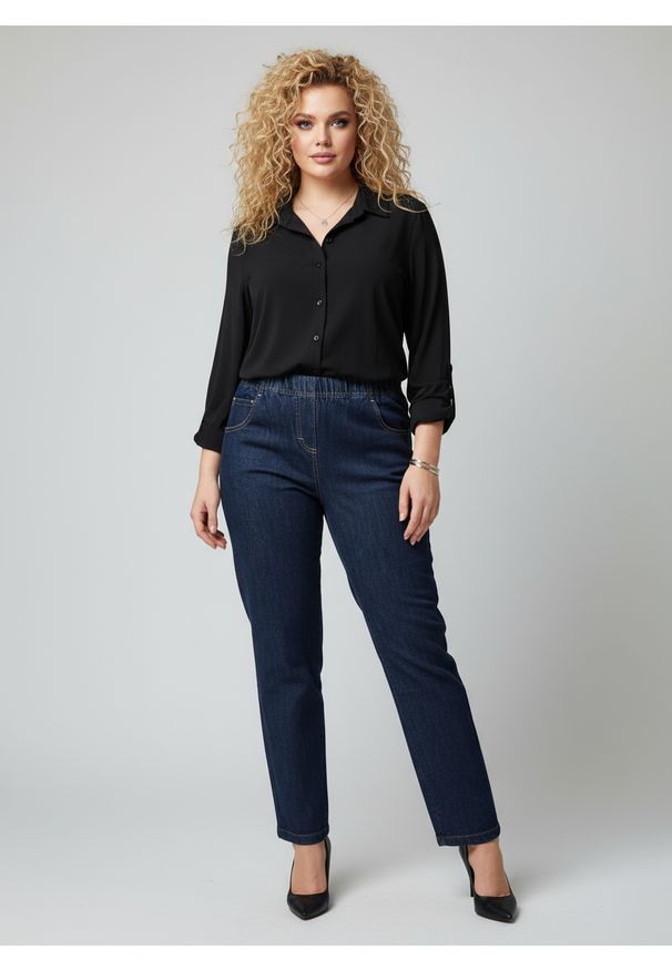 Moda Size Plus Iwanek - Eleganckie granatowe spodnie Jeangaliny02 o kroju regular PLUS SIZE XXL OVERSIZE JESIEŃ. Okazja: na co dzień. Kolekcja: plus size. Kolor: niebieski. Materiał: poliester, tkanina, bawełna, wiskoza, jeans, materiał. Sezon: jesień. Styl: elegancki