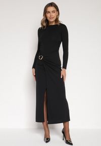 Born2be - Czarna Sukienka Koktajlowa z Aplikacją z Marszczeniem na Biodrach Rariana. Okazja: na randkę, na imprezę. Kolor: czarny. Długość rękawa: długi rękaw. Wzór: aplikacja. Styl: wizytowy #5