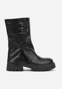 Renee - Czarne Botki Biker Boots VICES ze Sprzączkami i Cholewką Imitującą Nogawkę Anevita. Zapięcie: sprzączka. Kolor: czarny. Materiał: jeans, koronka, skóra. Szerokość cholewki: normalna. Styl: rockowy #4